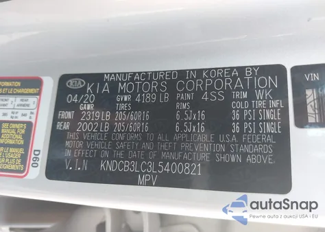 2020 Kia Niro Lxs из США, поврежденный, VIN KNDCB3LC3L5400821